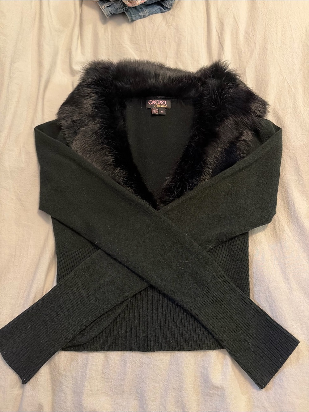 XOXO Black Rabbit Fur Collar Knit Shrug
